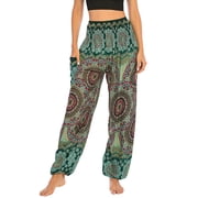 SWSMCLT Womens Boho Harem Yoga Pants Indian Smocked Waist Baggy Bohemian Buddha Gypsy Balloon Pocket Thai Hippie Beach Print Bloomers LoungeTrousers A-Patterned12 Small-Large