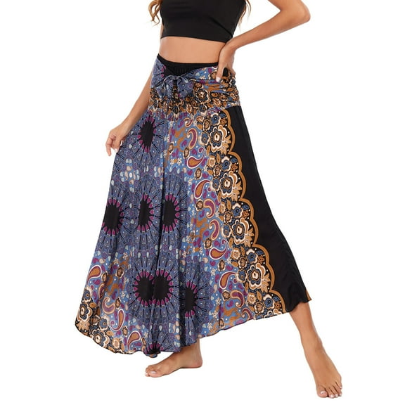SWSMCLT Women's Boho Maxi Skirt Summer Beach Coverup Dress Flowy Swing Long Skirts Elastic Front Tie Waist Flowy Smocked High Waisted Pleated High Low Black Patterned2 Small-X-Large