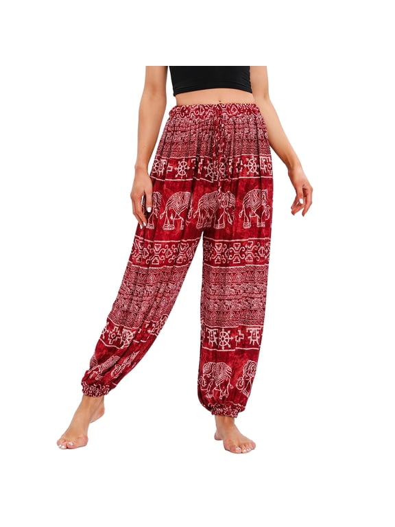 Women's Boho Pants Harem Beach Baggy Trousers Print Bloomer Yoga Hippie Drawstring Elastic Waist Aladdin Indian Thai Bohemian Cinch Bottom Patterned6 One Size