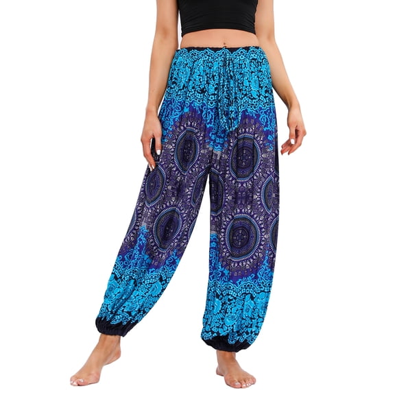 SWSMCLT Women's Boho Pants Harem Beach Baggy Trousers Print Bloomer Yoga Hippie Drawstring Elastic Waist Aladdin Indian Thai Bohemian Cinch Bottom Patterned1 One Size
