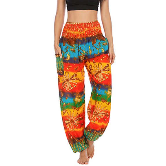 SWSMCLT Women's Boho Pants Smocked Waist Harem Cinch Bottom Beach Trousers Print Bloomer Yoga Hippie with Pockets Bohemian Aladdin Indian Thai Baggy Patterned4 One Size