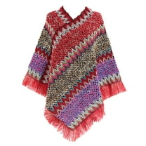 SWSMCLT Women's Boho Poncho Sweater Zig Zag Knit Winter Fall Hippie Soft Convertible Tassel Fringe Crochet Shawl Asymmetrical Cape Pullover Adult Mexican Aztec Poncho Wrap Red One Size