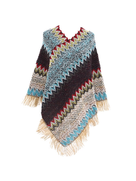 Women's Boho Poncho Sweater Zig Zag Knit Winter Fall Hippie Soft Convertible Tassel Fringe Crochet Shawl Asymmetrical Cape Pullover Adult Mexican Aztec Poncho Wrap Blue One Size