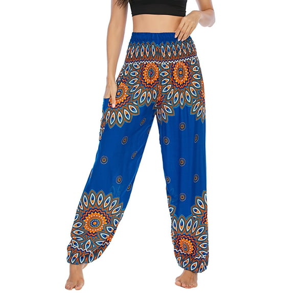 SWSMCLT Women's Boho Yoga Pant Smocked Waist Hippie Bohemian Thai Indian Pants with Pocket Cinched Bottom Elastic Waist High Waisted Floral Sunflower Printed Blue One Size
