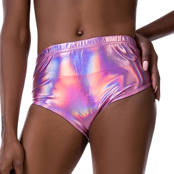 SWSMCLT Women's Booty Shorts Dance Halloween Cheeky Metallic Outfit Shiny Festival Casual Shorts Rave Low Rise Pink X-Large