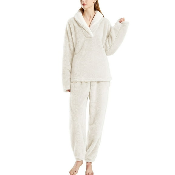 SWSMCLT Women's Bottom Closed Fleece Pajama Set Elastic Fall Loungewear Set Cold Weather Loungewear Chic Chunky Apricot Medium
