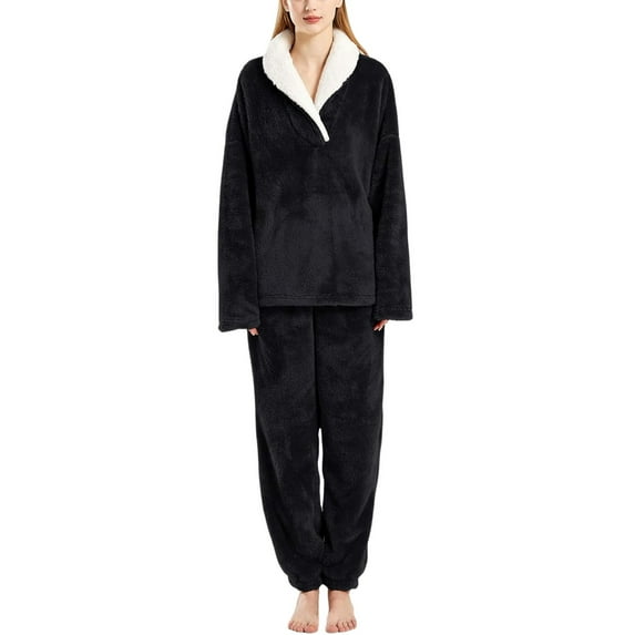 SWSMCLT Women's Bottom Closed Fleece Pajama Set Elastic Fall Loungewear Set Cold Weather Loungewear Chic Chunky Black X-Large