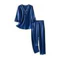 thumbnail image 1 of SWSMCLT Women's Bow Knot Pajamas Set Crochet Falbala Deep V Neck Elastic Band Fall Matching Set Chic Loungewear Dark Blue Large, 1 of 5
