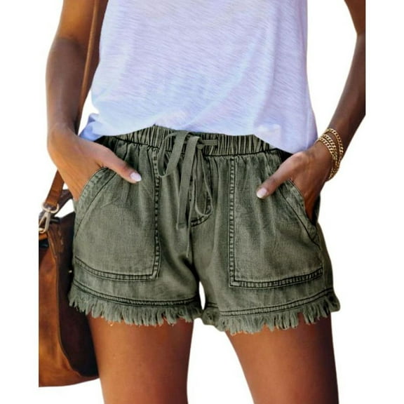 SWSMCLT Women's Boyleg Denim Shorts Billowy Empire Waist Shorts Casual Shorts 2025 Above Knee Denim Drawstring Army Green Small