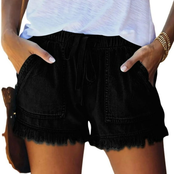 SWSMCLT Women's Boyleg Denim Shorts Billowy Empire Waist Shorts Casual Shorts 2025 Above Knee Denim Drawstring Black XX-Large