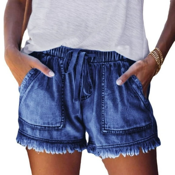 SWSMCLT Women's Boyleg Denim Shorts Billowy Empire Waist Shorts Casual Shorts 2025 Above Knee Denim Drawstring Blue X-Large