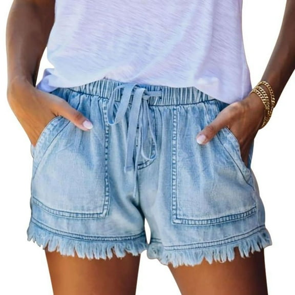 SWSMCLT Women's Boyleg Denim Shorts Billowy Empire Waist Shorts Casual Shorts 2025 Above Knee Denim Drawstring Light Blue XX-Large