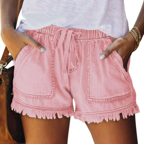 SWSMCLT Women's Boyleg Denim Shorts Billowy Empire Waist Shorts Casual Shorts 2025 Above Knee Denim Drawstring Pink XX-Large