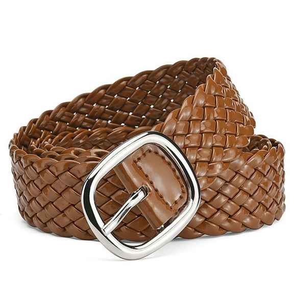 SWSMCLT Women's Braided Belt Metal Faux Leather Belt Fashion Medium Metal Buckle Braided Patent Leather Fabric Belt Umber Small-Large