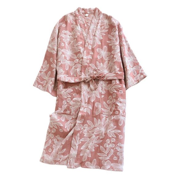 SWSMCLT Women's Breathable Bath Robe Cool Baggy Chic Self Tie Kimono Bathrobes Comfy Home Drop Shoulder Cotton Pink Medium