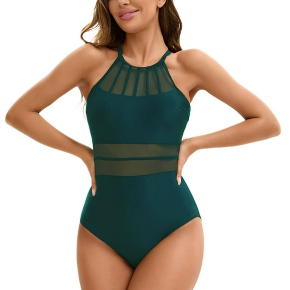 SWSMCLT Women's Breathable One Piece Bathing Suit Mesh Bathing Suit Spring Break Cami Beachwear Cheeky High Neck Brief Green Small