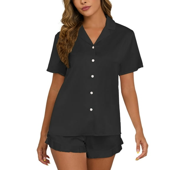 SWSMCLT Women's Breathable Pajama Set Boyshorts Comfy Classic Matching Sets Loungewear Set Button Chic Elastic Band Black Medium