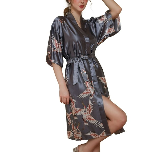 SWSMCLT Women's Bridal Bath Robe Bridesmaid Bathrobe Chic Autumn Loungewear Deep V Neck Comfy Calf Length Grey X-Large