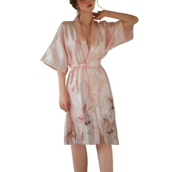 SWSMCLT Women's Bridal Bath Robe Bridesmaid Bathrobe Chic Autumn Loungewear Deep V Neck Comfy Calf Length Pink Large