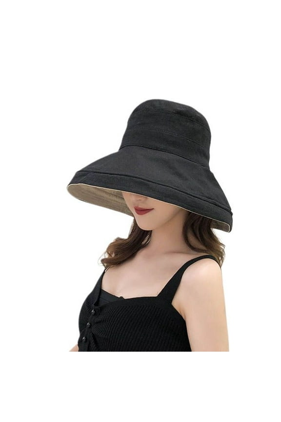 Women's Bucket Hat Reversible Floppy Beach Hats Camp Soft Light Wide Brim Hat Canvas Cotton Fishing Cap Foldable Summer UPF Sun Protection Black One Size