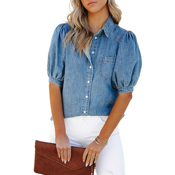 SWSMCLT Women's Bunched Button Down Shirts Cowlgirl Boyfriend Top Button Up Button Down Shirt Button Lapel Billowy Light Blue Small