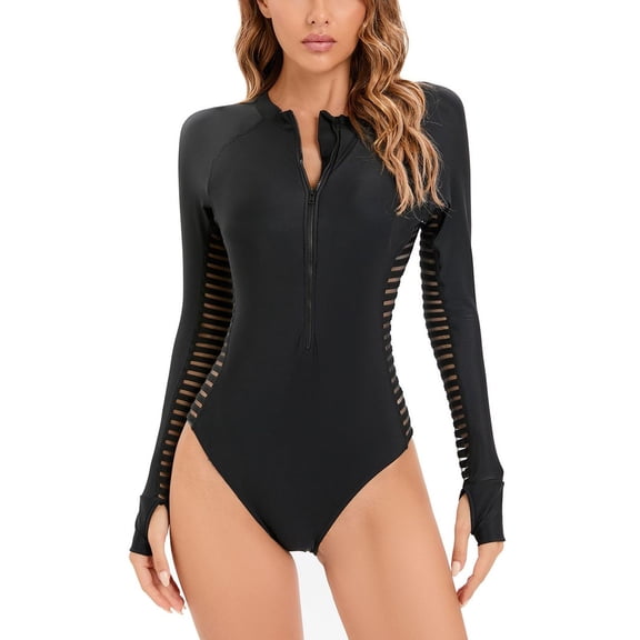 SWSMCLT Women's Bunched Mid Thigh One Piece Swimsuit Bathing Suit Brief Spring Crew Neck Drawstring Half Zip Black1 18