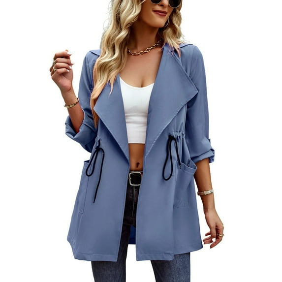 SWSMCLT Women's Bunched Trench Coat Casual Above Knee Empire Waist Cardigan Chic Outerwear Spring Fall Long Sleeve Trenchcoats Blue Small