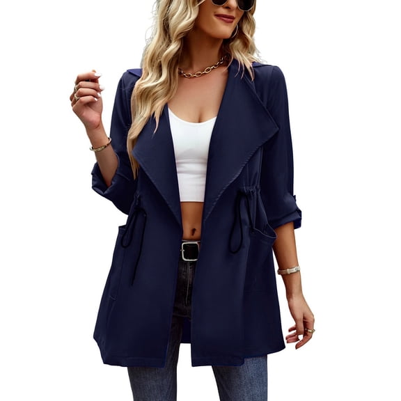 SWSMCLT Women's Bunched Trench Coat Casual Above Knee Empire Waist Cardigan Chic Outerwear Spring Fall Long Sleeve Trenchcoats Navy X-Large