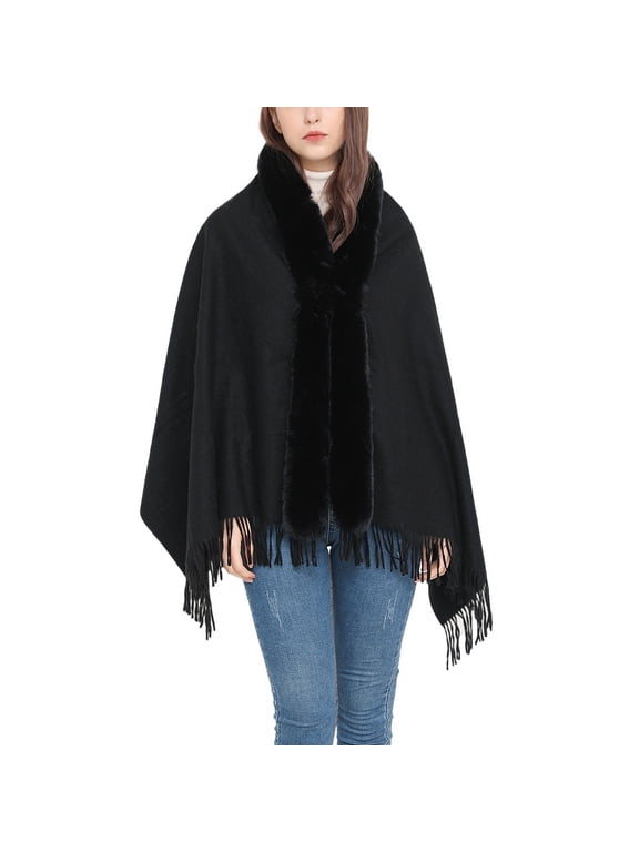 Women's Button Cape 2025 Casual Baggy Brushed Coat Comfy Date Cardigan Fringe Elegant Coats Black One Size