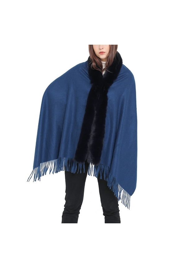 Women's Button Cape 2025 Casual Baggy Brushed Coat Comfy Date Cardigan Fringe Elegant Coats Blue One Size