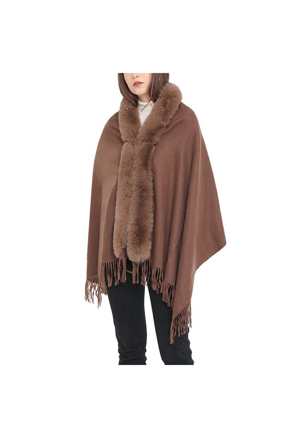 Women's Button Cape 2025 Casual Baggy Brushed Coat Comfy Date Cardigan Fringe Elegant Coats Umber One Size
