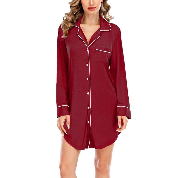 SWSMCLT Women's Button Down Nightgown Baggy Above Knee Nightshirt Night Gown Long Sleeve Lounge Dress Loose Burgundy Large
