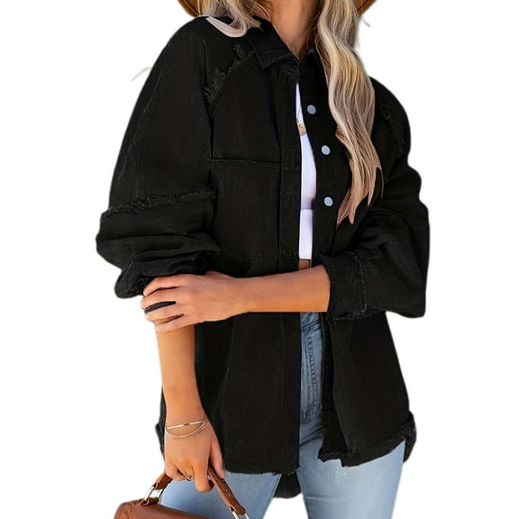 SWSMCLT Women's Button Down Shirt Denim Shacket Long Sleeve Button Raw Hem Winter Outerwear Top Fall Spring Casual Black Large