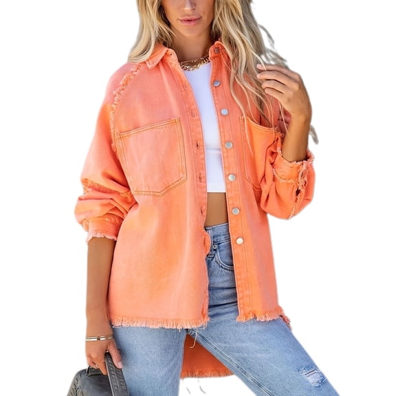 SWSMCLT Women's Button Down Shirt Denim Shacket Long Sleeve Button Raw Hem Winter Outerwear Top Fall Spring Casual Orange Large
