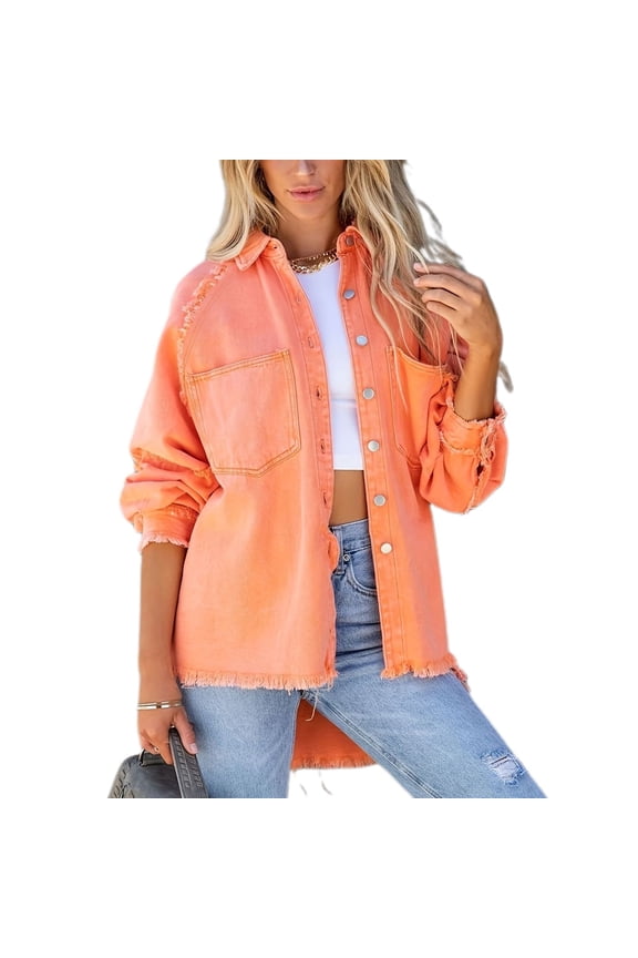 Women's Button Down Shirt Denim Shacket Long Sleeve Button Raw Hem Winter Outerwear Top Fall Spring Casual Orange Medium