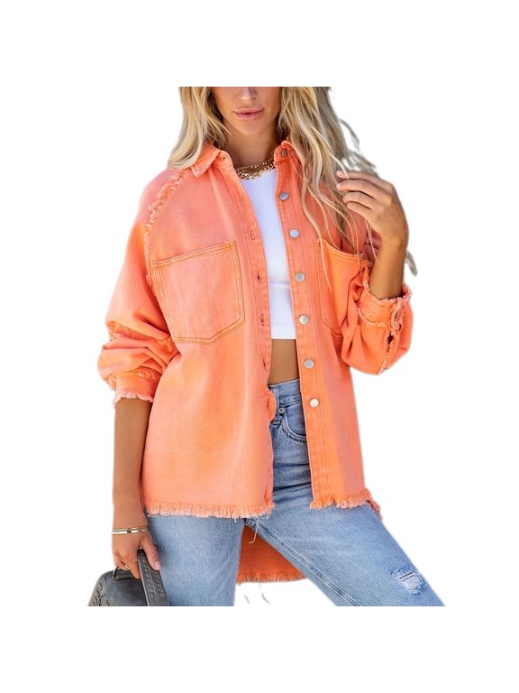 Women's Button Down Shirt Denim Shacket Long Sleeve Button Raw Hem Winter Outerwear Top Fall Spring Casual Orange X-Large
