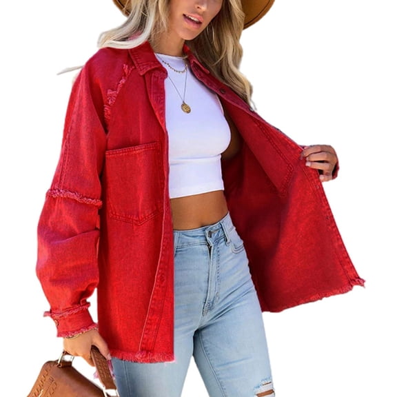 SWSMCLT Women's Button Down Shirt Denim Shacket Long Sleeve Button Raw Hem Winter Outerwear Top Fall Spring Casual Rouge Noir X-Large