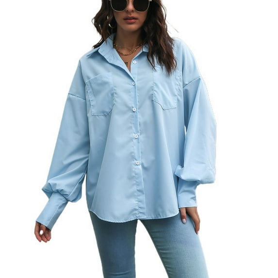 SWSMCLT Women's Button Down Shirt Long Sleeve Tops Soft Button Up Loose Casual Button Up Shirt Work Fashion Blue Large