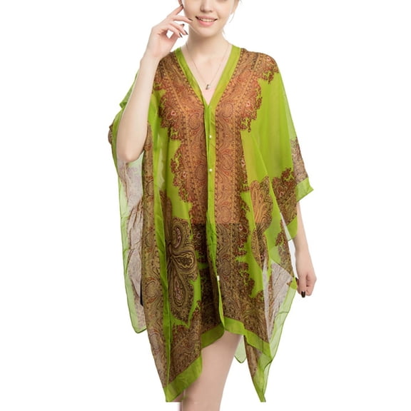 SWSMCLT Women's Button Down Shirt V Neck Hippie Sheer Poncho Boho Top Long Beach Swing Soft Elegant Loose Chiffon Blouse Green One Size