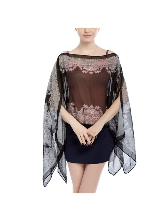 Women's Button Down Shirt V Neck Hippie Sheer Poncho Boho Top Long Beach Swing Soft Elegant Loose Chiffon Blouse Grey One Size