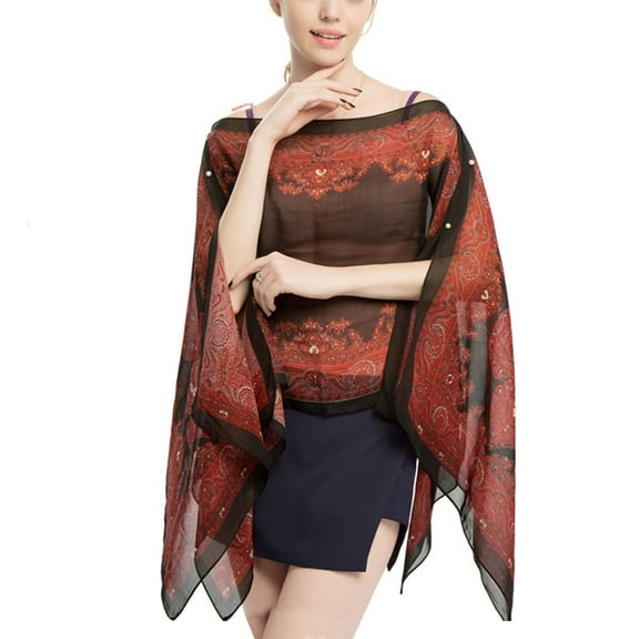 SWSMCLT Women's Button Down Shirt V Neck Hippie Sheer Poncho Boho Top Long Beach Swing Soft Elegant Loose Chiffon Blouse Red One Size