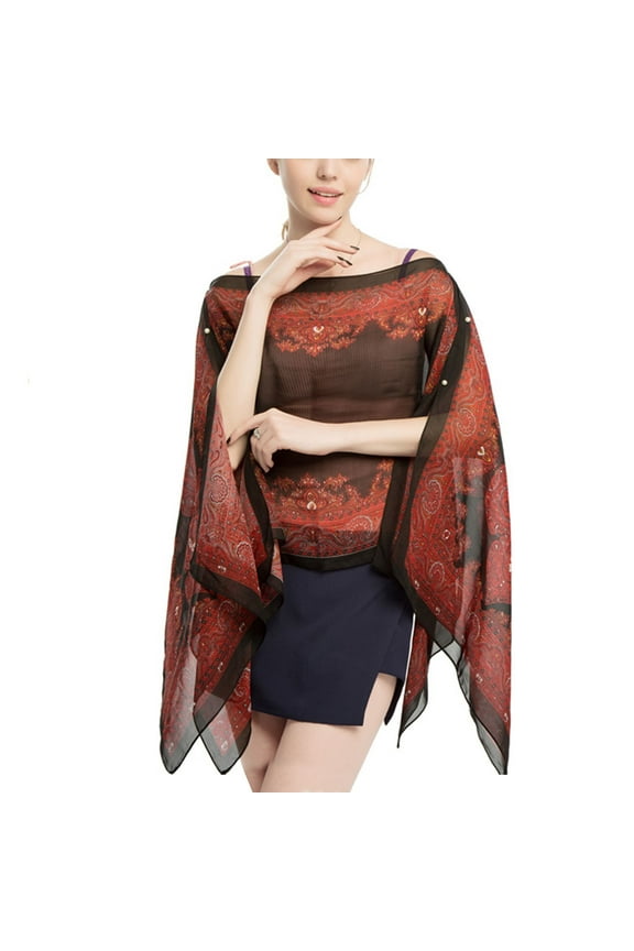 Women's Button Down Shirt V Neck Hippie Sheer Poncho Boho Top Long Beach Swing Soft Elegant Loose Chiffon Blouse Red One Size