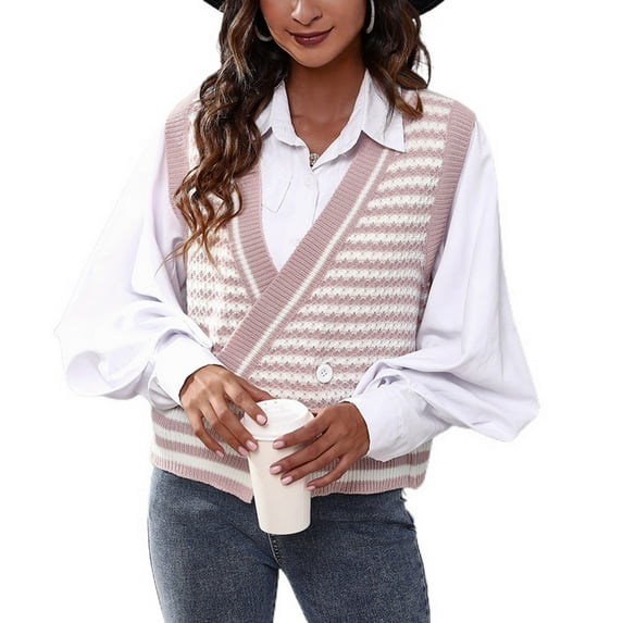 SWSMCLT Women's Button Fashion Loose Deep V Neck V Neck Sweater Vest Knit Soft Cute Asymmetrical Sweater Pink Large