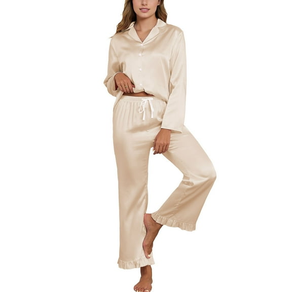 SWSMCLT Women's Button Pajama Set Breathable Elastic Band Cigarette Long Sleeve Nightwear Comfy Lounge Set Golden Medium