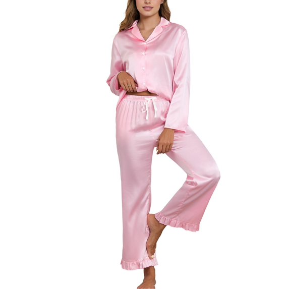SWSMCLT Women's Button Pajama Set Breathable Elastic Band Cigarette Long Sleeve Nightwear Comfy Lounge Set Pink Large