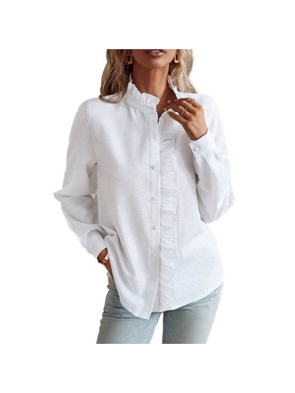 Women's Button Up Top Textured Long Sleeve Blouse Ruched Work Dressy Blouses Soft Chiffon Ruffle High Neck Fall Spring 2024 Fashion Loose Fit White Large