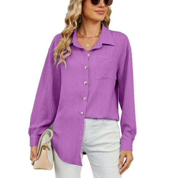 SWSMCLT Women's Button Up Shirt Fashion Blouse Long Sleeve Fall Loose Holiday Winter Drop Shoulder Long Top Purple Small