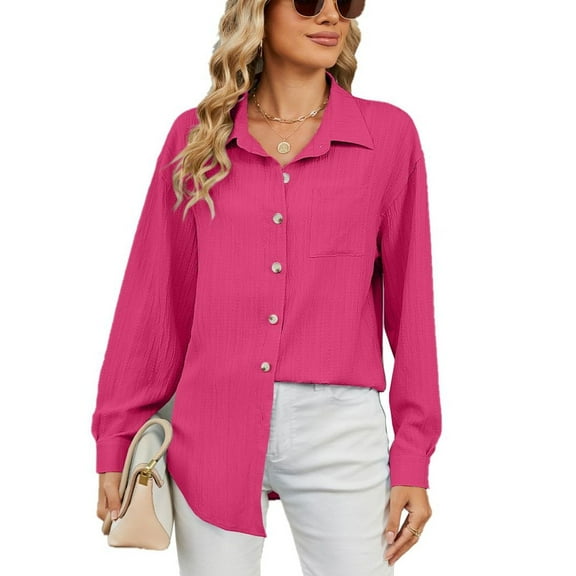SWSMCLT Women's Button Up Shirt Fashion Blouse Long Sleeve Fall Loose Holiday Winter Drop Shoulder Long Top Rose Large
