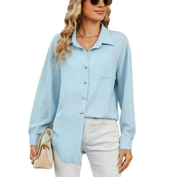SWSMCLT Women's Button Up Shirt Fashion Blouse Long Sleeve Fall Loose Holiday Winter Drop Shoulder Long Top Sky Blue Medium