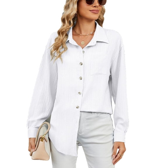 SWSMCLT Women's Button Up Shirt Fashion Blouse Long Sleeve Fall Loose Holiday Winter Drop Shoulder Long Top White XX-Large